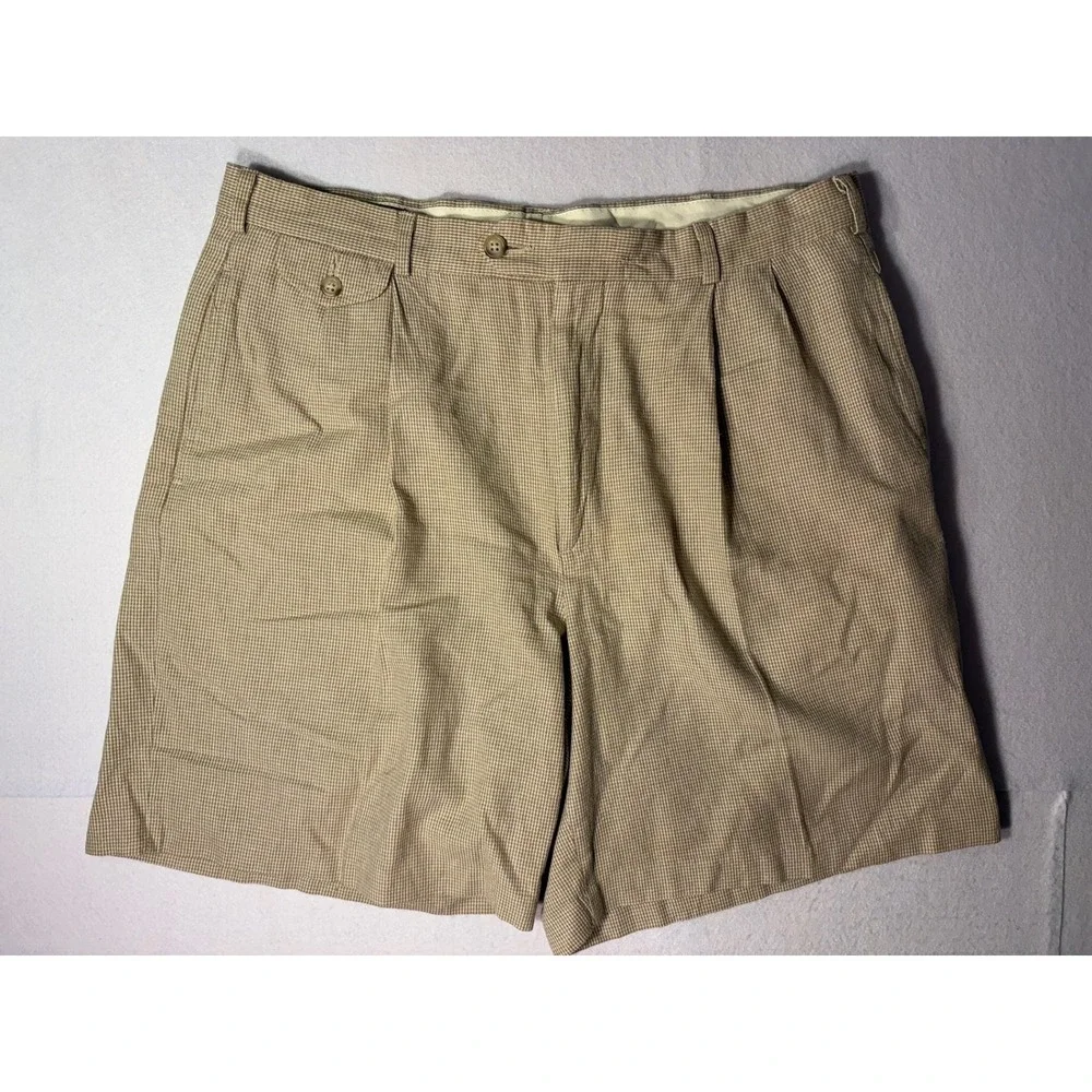 Polo Ralph Lauren Mens Houndstooth Pleated Shorts Tan Side Cinch Made in USA